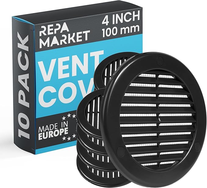 Repa Market 4 Inch (Opening) Black Round Air Vent Cover - Pack of 10 Plastic Fresh Air Intake Vent - AC Cover with Nylon Mesh Screen - Wall, Ceiling HVAC Return Air Register - Modern Soffit Vents