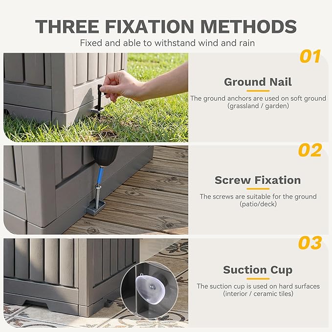 DWVO 38 Gallon Outdoor Trash Can, Resin Garbage Bin with Lid, Includes 2 Sorting Labels, Ash Holder, Stakes & Suction Cups, Hideaway Storage for Patio Backyard Garden, Light Brown