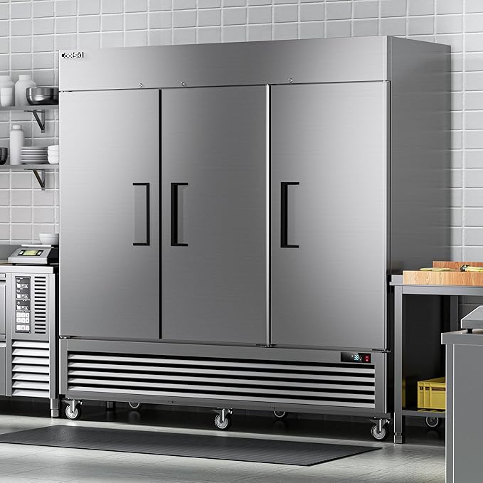 Coolski 82 Inch Commercial Refrigerator 3 Doors, Reach-In Refrigerator Fridge for Restaurants Stores Garages, 72 Cu.Ft. Large Capacity Auto Defrost Fan Cooling, ETL NSF Approved