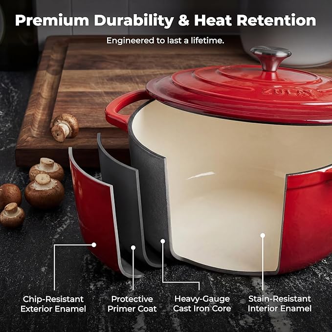 Zulay Kitchen 7.7 Quart Enameled Cast Iron Dutch Oven Pot with Lid – Premium Durability & Oven Safe up to 500°F – Heavy Duty Cookware Perfect for Bread Baking, Stews, Braising & Roasting – Red