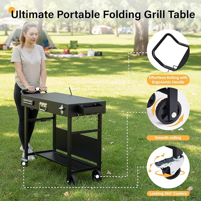 ROVSUN Outdoor Grill Table Cart, Foldable Grill Cart with Wheels, Rolling Table for Ninja, Blackstone Griddle, Pizza Oven Stand, Food Prep Table w/Bottle Opener, Seasoning Tray, Rubbish Bag Holder