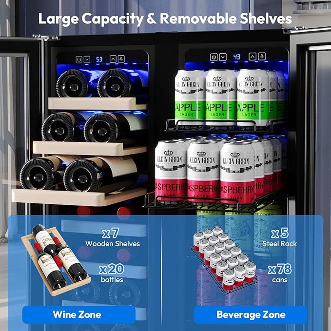 Empava Wine and Beverage Refrigerator, 24 inch Dual Zone Wine and Beverage Cooler 78 Cans and 20 Bottles Capacity, Built-in or Freestanding Wine Fridge with Glass Doors and LED Light