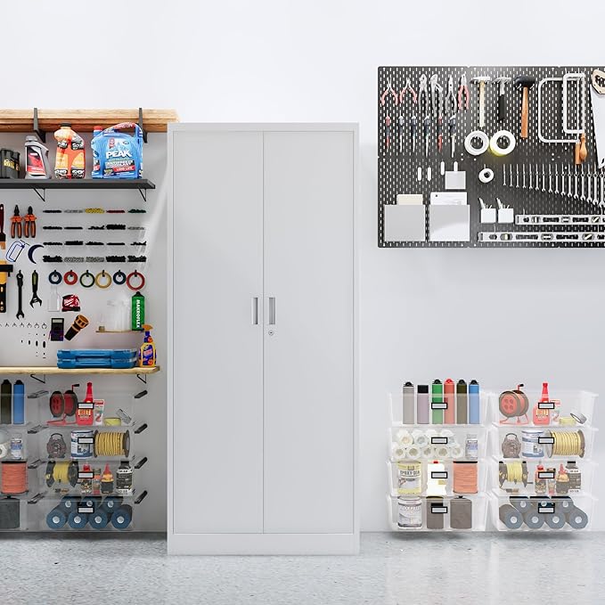 CJF Metal Storage Cabinet, 72" H Locking Storage Cabinet with Adjustable Shelvesand Doors, Metal Cabinets for Office/Home/Garage/School-White