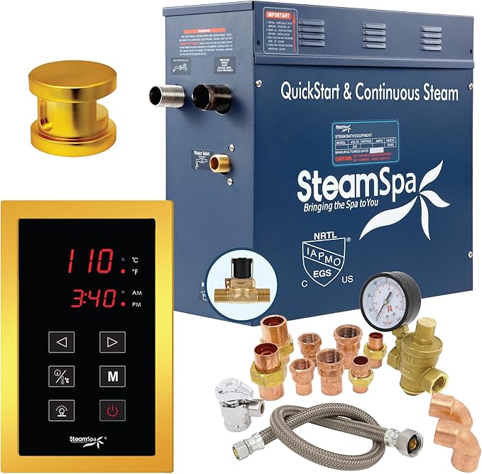SteamSpa Premium 7.5 KW QuickStart ACU-Steam Bath Generator Package with Built-in Auto Drain in Polished Gold Finish|Touch Panel Control System|PRT750GD-A