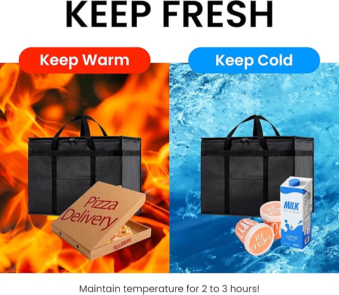 NZ home Insulated Bags for Food Delivery (XL Plus) Grocery Shopping Cooler Bag, Pizza Delivery, Hot & Cold Catering Tote, Reusable, Foldable & Heavy Duty (2 Pack, Orange)