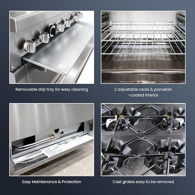Commercial 48" Gas Range with Convection Oven, 8 Open Burners and Under Full Size Oven 240000 BTU & 33000 Static Oven,NG/LPG Conversion kit, Manual Gas Valve,Freestanding Gas Range for Restaurants