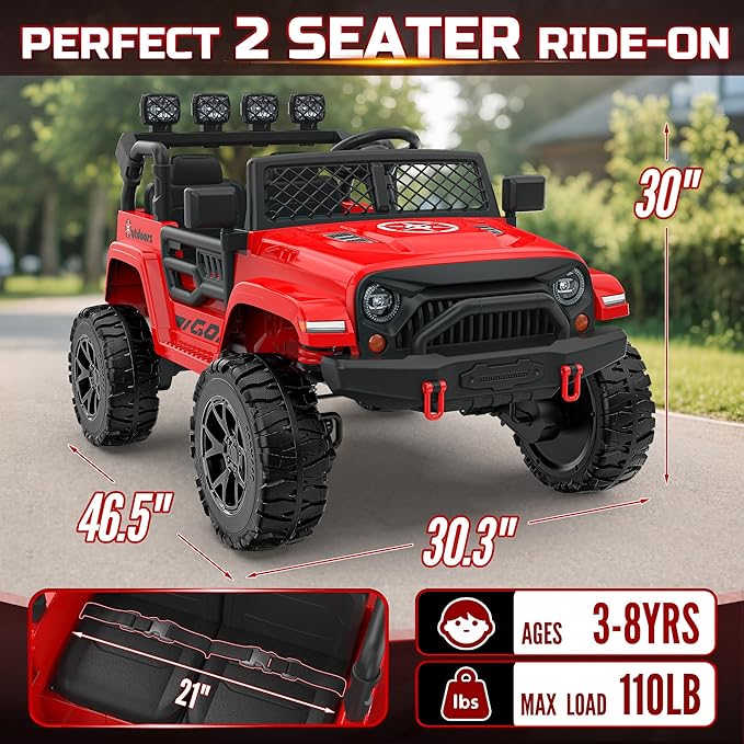 2 Seater Ride On Car for Kids, EVA Tires, 24V 4WD Electric Car w/Remote Control, Bluetooth, LED Lights, Ride On Truck for Boys and Girls Aged 3-8, Red