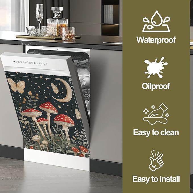 Fantasy Mushroom Dishwasher Magnets Decorative Cover,Butterfly Moon Magnet Fridge Panel Decal for Home Kitchen Decor,23x26 in