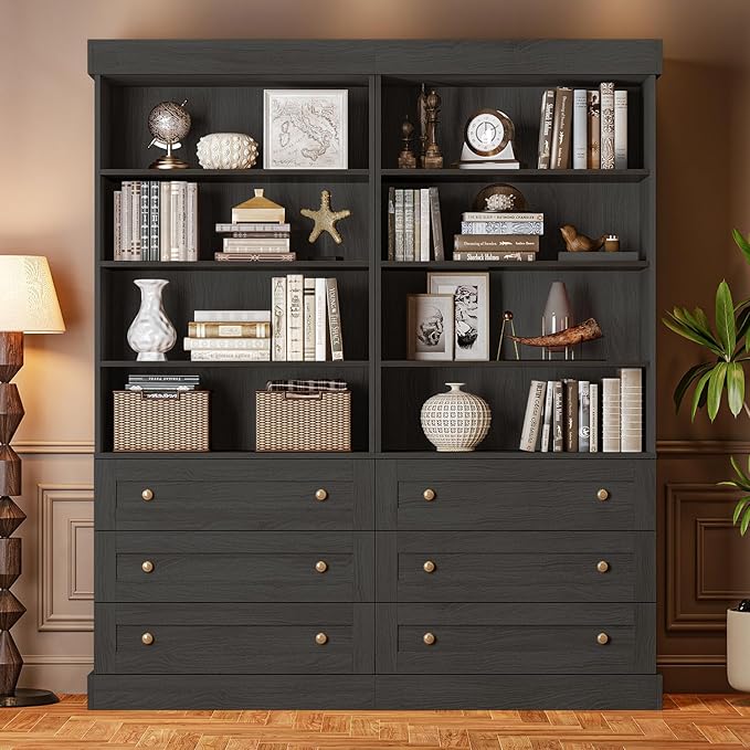 Vyre 71" Tall Farmhouse Kitchen Pantry, Set of 4 Large Storage Cabinets with 3 Drawers, Adjustable Shelves, Wood Versatile Hutch Cabinet for Living Room, Dining Room, Black