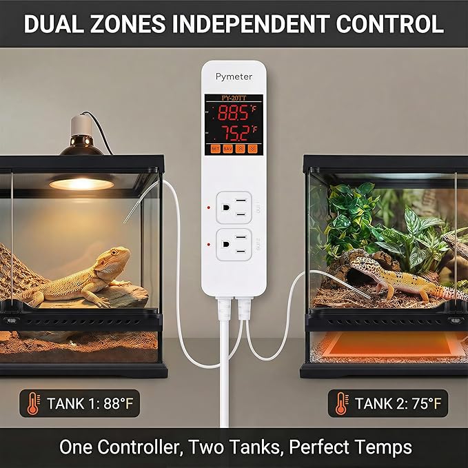 2 in 1 Digital Temperature Controller Dual Outlet Heat Mat Thermostat Reptile Greenhouse Heater Home Brewing Freezer Cooling Heating Pad Control 16A 1920W