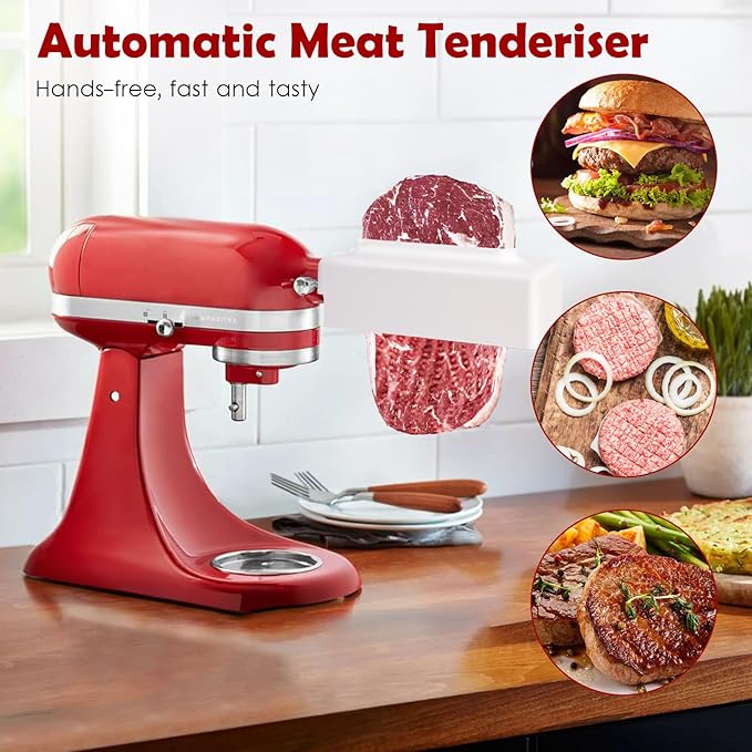 Meat Tenderizer for Kitchenaid, Meat Tenderize Attachment for Kitchenaid and Cuisinart Stand Mixer with Stainless Gears, White