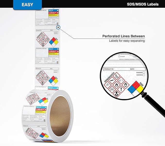 SDS Label Stickers 4 x 3 Inches, Roll of 250 MSDS OSHA Data Stickers with GHS Pictograms & Perforated Edges for Easy Separating | HMIS & Hazard Compliant | Secondary Containers for Chemical Safety