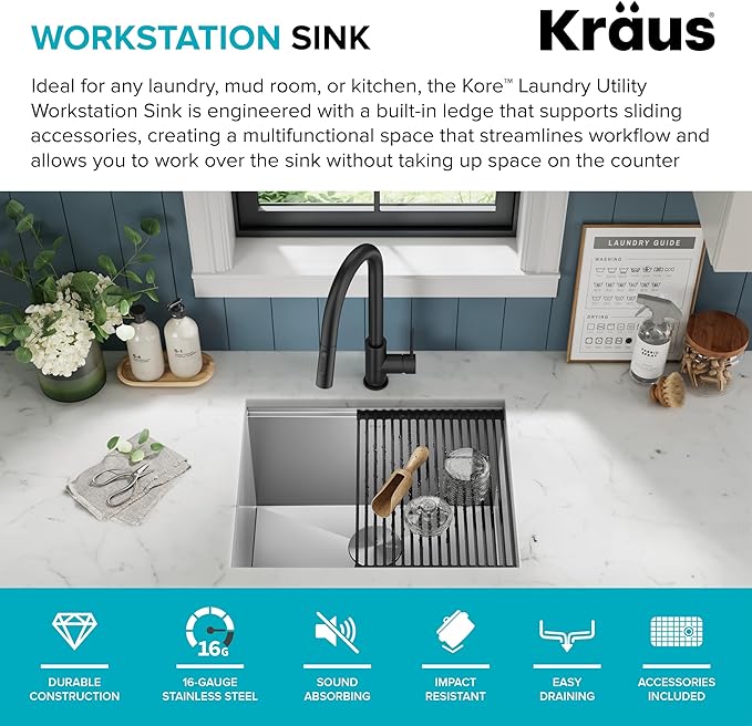 KRAUS Kore 23-Inch Undermount Workstation Single Bowl 16 Gauge Deep Laundry Utility Stainless Steel Kitchen Sink with Accessories, KWU100-23L