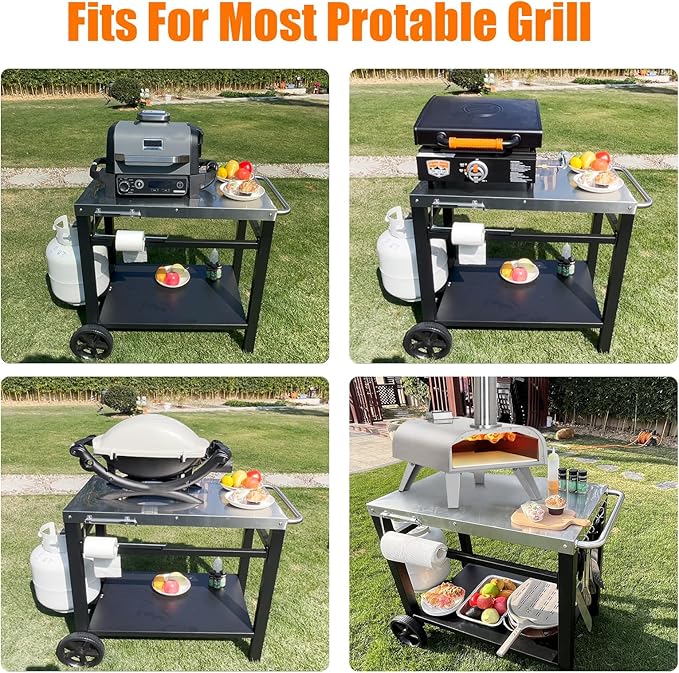 Grill Table, Movable Dining Cart, Pizza Oven Table Stand, Double-Shelf Grill Stand, Food Prep and Work Cart with Wheels, Hooks, Fits for Blackstone Ninja