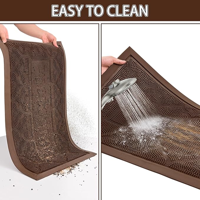 FRAMICS Front Door Mat Outside Entrance, Heavy Duty Rubber Door Mats Non-Slip Waterproof Welcome Doormat Outdoor, Low Profile Patio Doormats Dirt Trapper Indoor Mats for Entryway, 17x30 Inches, Brown