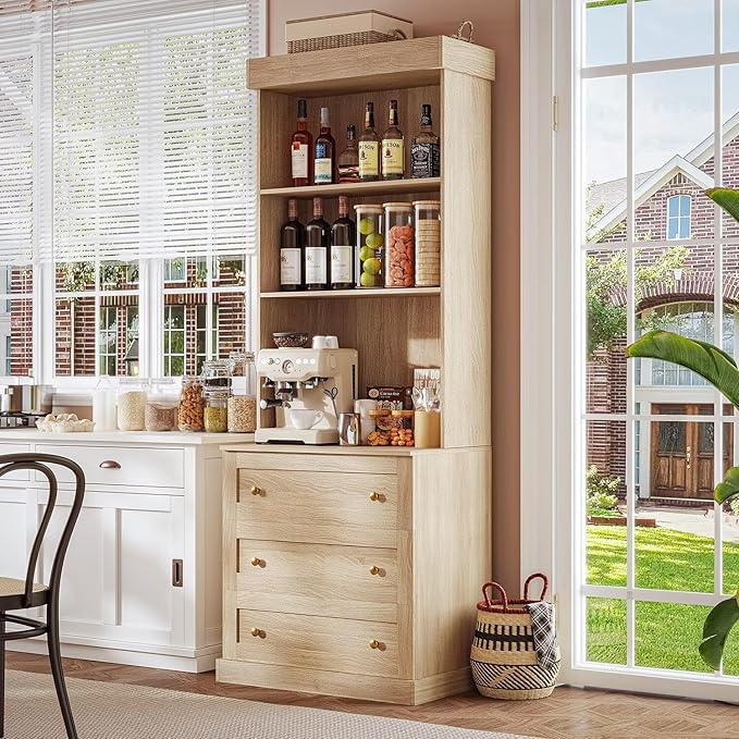 Vyre 71" Farmhouse Kitchen Pantry Cabinet, Freestanding Coffee Bar Hutch with Glass Doors, Drawers & Adjustable Shelves, Microwave Stand Storage Organizer for Living Room & Kitchen, Set of 4, Brown