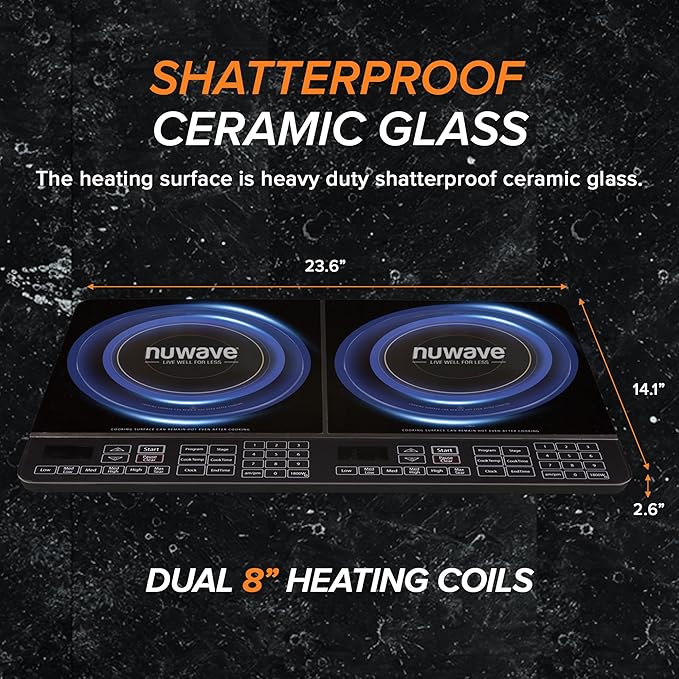 Nuwave Double Cooktop Induction Countertop Burner, Portable, 900 & 1800W, 100°F to 575°F, Large 8” Heating Coil, 50 Pre-Programmed Settings, Shatter-Proof Ceramic Glass, Built-In Safety Auto Shut Off