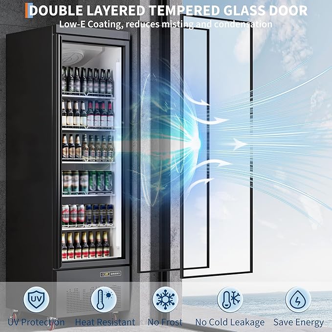 PeakPursuit Commercial Refrigerator 17.7 Cu.ft Beverage Cooler, Glass Door Display Fridge with 5 Adjustable Shelves, Large Capacity Bar Fridge for Restaurant, Store, Upright Freezer for Home, Black