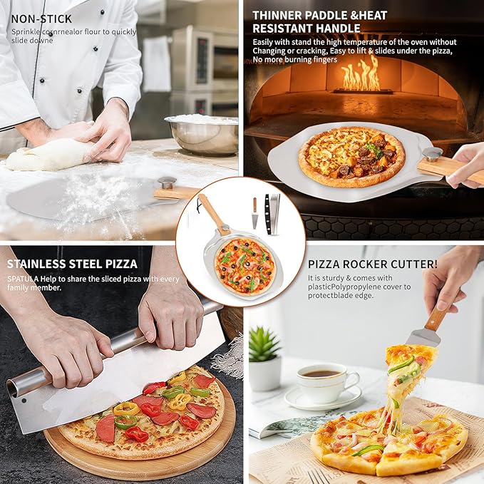 12"x14" Aluminum Pizza Peel Set- Pro Pizza Paddle & Pizza Spatula with Foldable Wooden Handle & Rocker Cutter Compatible with Ninja/ooni, Complete Pizza Oven Accessories for Baking Bread/Dough/Pastry