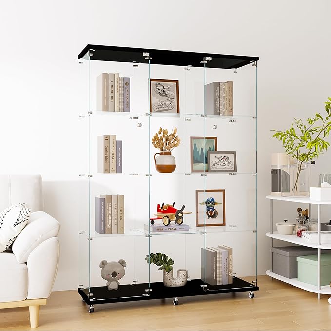 Frameless Glass Display Cabinet, Curio Cabinet Display Case with Locks and Hinged Doors, Quick-Install Floor Standing Large Showcase Display Shelf for Collectibles, Legos, Figures, Plants