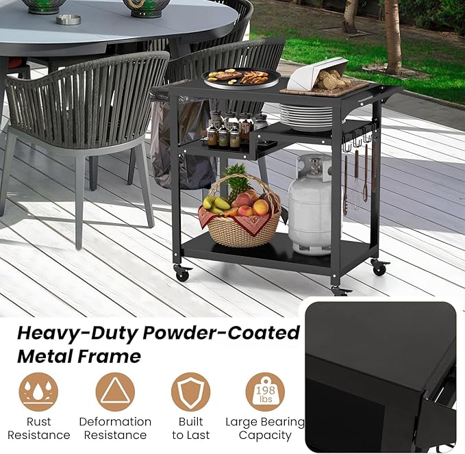 Giantex Outdoor Grill Cart - Pizza Oven Stand Table with Lockable Wheels, Three-Shelf Outdoor Cooking Prep Table with Garbage Bag Holder, Removable Hooks, Movable Dining Cart for Kitchen BBQ Party