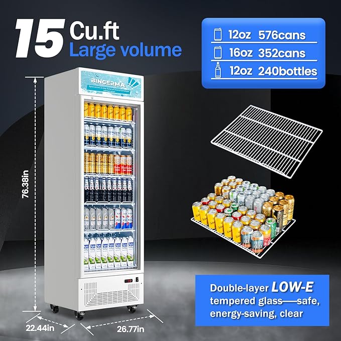 Commercial Beverage Refrigerator 15 Cu.ft. with Glass Door Display Merchandiser Fridge ETL Drink Cooler for Bars,Restaurants, Convenience Stores, Supermarkets and Offices White
