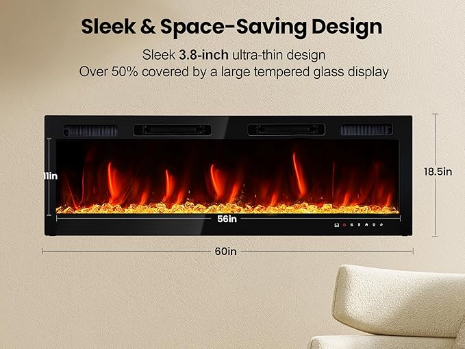 RealSmart Electric Fireplace Heater Inserts 60" Wall Mounted Electric Fireplace 750W/1500W in-Wall Recessed Heaters with Remote Control,Fit for 2 X 6 stub,12 Adjustable Color Flame & Brightness,Timer