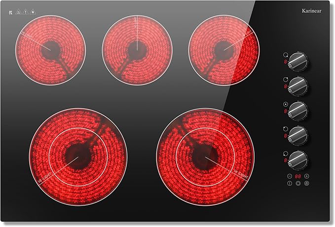 Karinear 30 inch Electric Cooktop, 8600W 5 Burner Radiant Electric Stove Top, Knob & Touch Control with 9 Power Levels, Expandable Zone, Timer, Child Safety Lock, 240V Hardwired