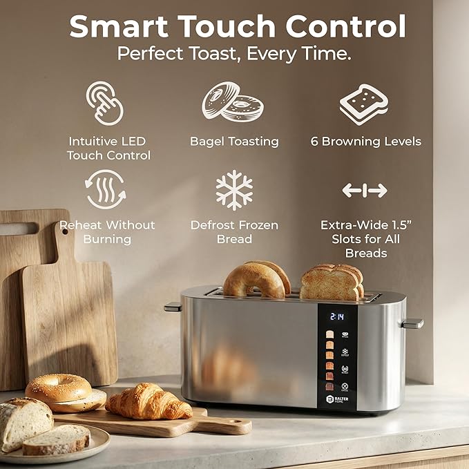 Toaster 4 Slice Wide Slot, Bagel Function, Long Slot, Stainless Steel, Touch Screen, Built-in Rack, Extra-Wide 1.5" Slots for Thick Breads & Bagel, Timer, BPA-Free, 6 Levels, Removable Tray