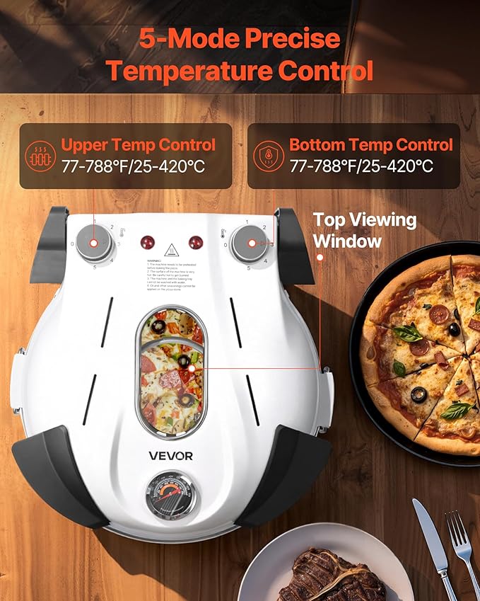 VEVOR Pizza Oven, 12 in Electric Pizza Maker, 1200W Electric Pizzas Cooker with Cordierite Stone, 5-Mode Temperature Control, Viewing Window for Precise Cooking, Heats up to 788 ˚F, for Home (White)