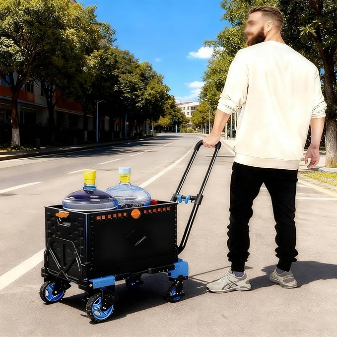 Folding Hand Truck Dolly Capacity Collapsible Heavy Duty Utility Cart with Adjustable Handle Convertible Trolley for Luggage Moving Camping Home Office (Blue Storage Bin Set, Box 55cm*36cm*33cm)