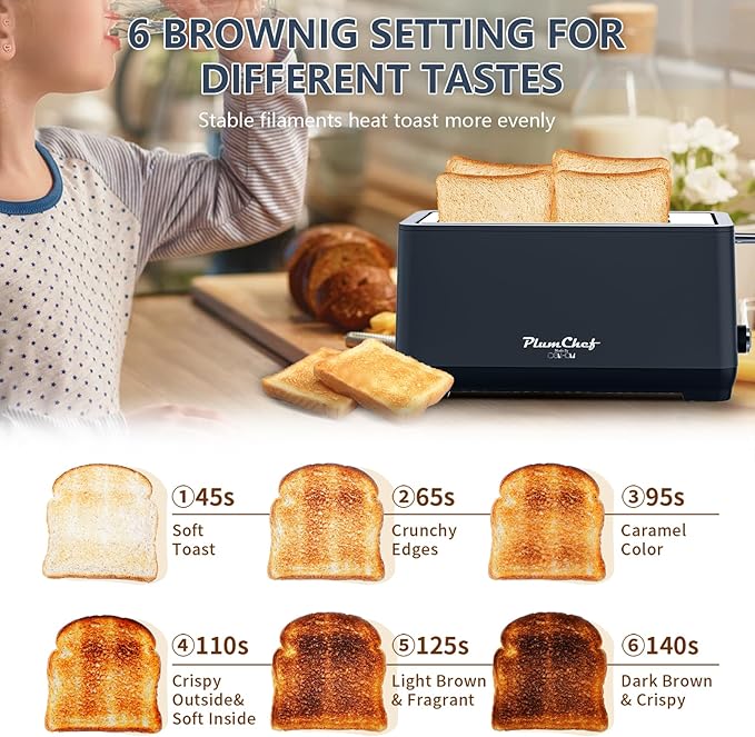 4-Slice Toaster, Extra Wide Long Slot Toaster, Removable Crumb Tray, 6 Browning Settings, Bagel/Defrost/Reheat Functions,Stainless Steel Housing 1500W, Matte Blue