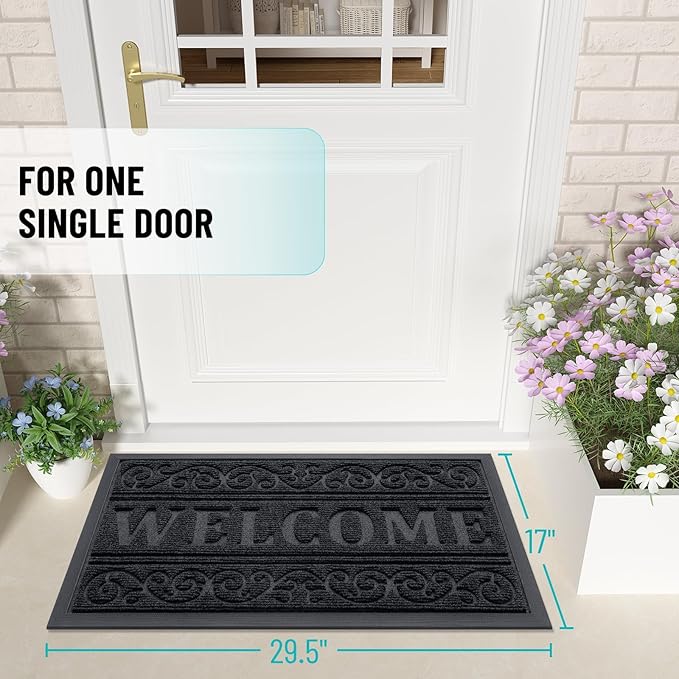 OLANLY Welcome Door Mat Indoor Outdoor Entrance, Heavy Duty Sturdy Front Door Mat, Waterproof All-Weather Doormat, Stain Resistant, Low Profile, Easy Clean Patio Entryway Mat, 59 x 35, Black