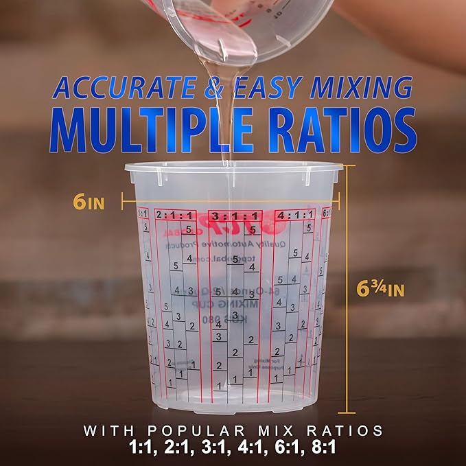 Custom Shop Paint Mixing Cups, 64-Ounce (36 Pack) - Plastic Measuring Cups for Liquids, Automotive Painting, Epoxy Resin, Acrylic Arts, Crafts, Disposable or Reusable, Graduated, Mixing Ratios