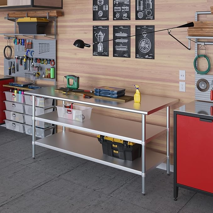 AmGood Stainless Steel Work Table with 2 Shelves | NSF | Metal Utility Table (72" Long x 30" Deep)