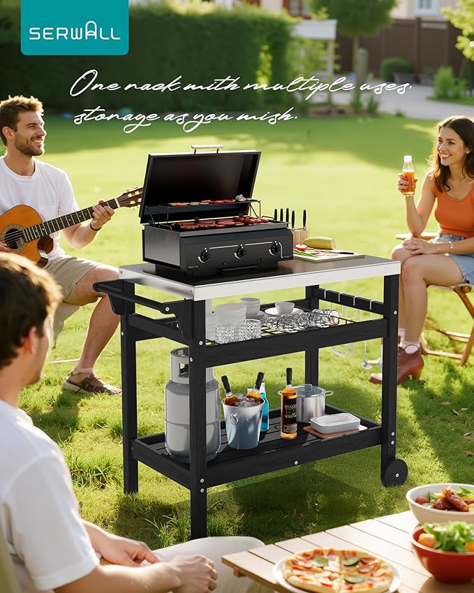 SERWALL Outdoor Grill Cart Table with Three Tier Storage Shelves, Movable Prep Cart, Weather-Resistant HDPE Material, Dining Cart Table for Outdoor Cooking, Four Hooks, Black