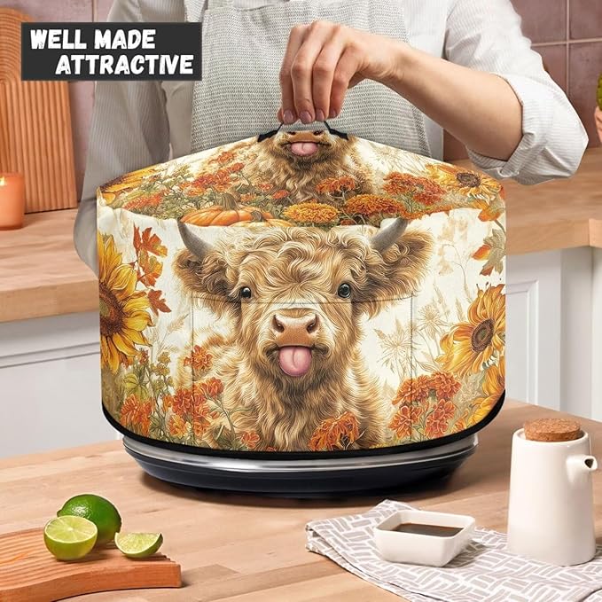 Oval Slow Cooker Dust Cover Protective with 6-8 Quart Slow Cooker Recyclable Practical Crock Pot Cover Fall Decor Keep Kitchen Appliances Clean, Highland Cattle Sunflower Maple Leaf Print