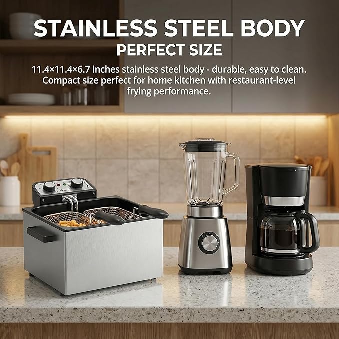 Electric Deep Fryer for Home Use, 1800W Stainless Steel Countertop Fryer with 5L Oil Tank, Removable Frying Basket & Adjustable Temperature