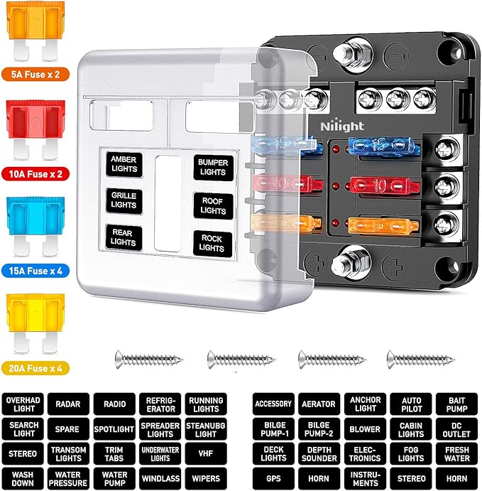 Nilight - 50055F 6 Way Blade Screw Fuse Block 6 Circuits with Negative Bus Fuse Box Holder with LED Indicator ATO/ATC Fuse Panel Waterproof Cover for 12V Automotive Cars Marine Boats RVs Trailers