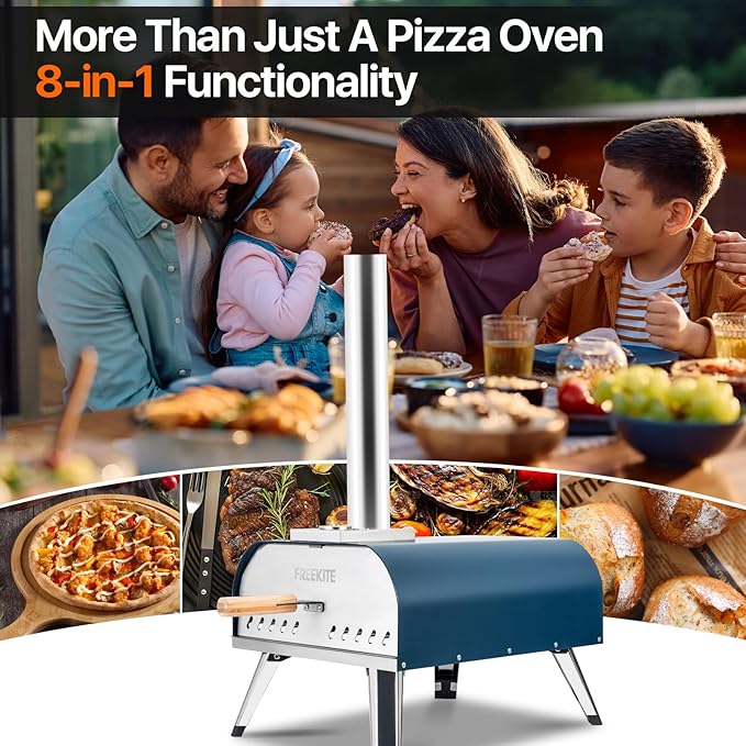 Pizza Oven 13 Inch Outdoor Wood Fired Portable Stainless Steel Pizza Oven with Pizza Stone for Family Outside Cooking Camping Backyard BBQ Pizza Maker Garden Kitchen(Blue-gery13IN)