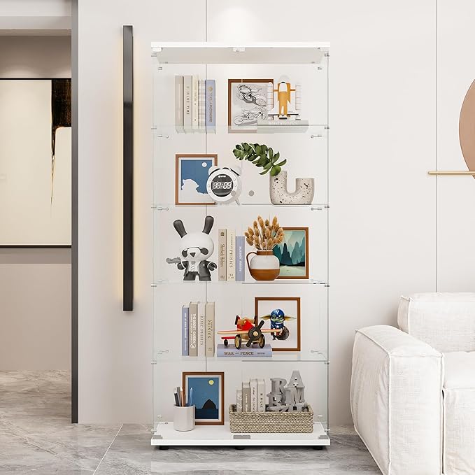 Yoluckea 5 Shelves Glass Display Cabinet with 2 Doors, Floor Standing Clear Glass Curio Cabinet Collection Display Case for Living Room Bedroom 73.82” x 31.69” x 14.37” White