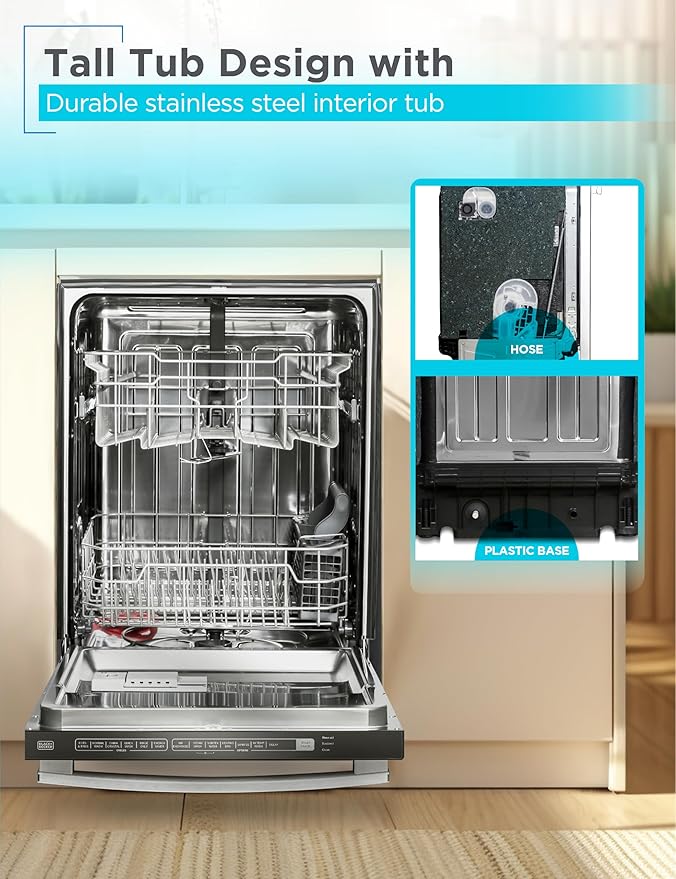 BLACK+DECKER 24" Built-In Dishwasher, Designer Series, 12-Place Setting Capacity with Stainless Steel Tub, Dish Washer with 6 Wash Programs, Low Noise, ENERGY STAR Certified, BDW300MHS