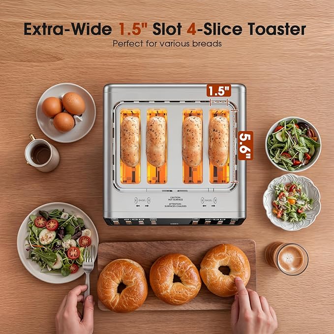4 Slice Toaster Wide Slot– Dual Digital TouchScreen & Independent Control Panel | Single-Slice Modes/Reheat/Defrost | 1800W Stainless Steel Toaster for Bagels & Artisan Bread