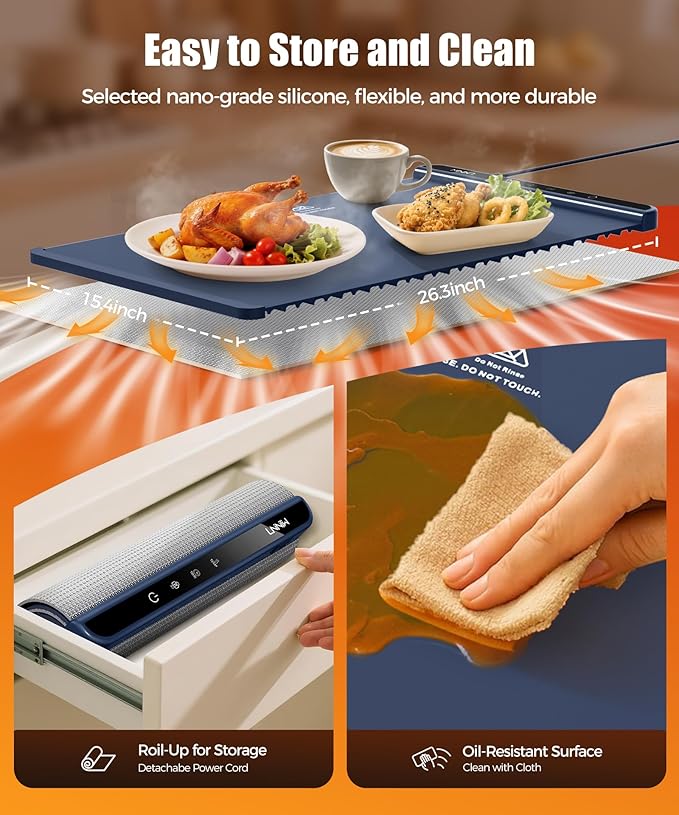 Food Warming Mat with Heat-Resistant Pad, 26X15 Inch, 6 Temperature & 6 Timer Settings, Child Lock Safety,Food Warmer Chafing Dishes for Buffet,Gatherings,Parties,Everyday Use