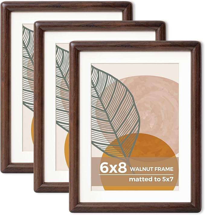 Axeman 6 x 8 Walnut Frame Set of 3 - Rounded Corner 6x8 Picture Frame Matted to 5x7 - Natural Walnut Wood Photo Frame with Tempered Glass for Tabletop Display