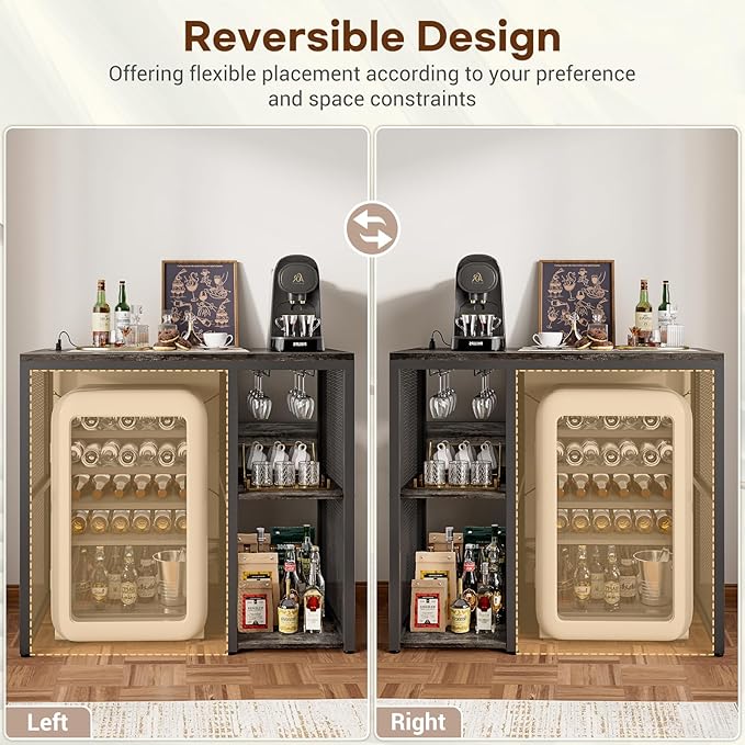 Homieasy Mini Fridge Cabinet Stand with Power Outlet, Coffee Bar Cabinet with Mini Fridge Space, Bar Stand with Microwave Shelf with Wine Rack for Kitchen, Dorm, Grey