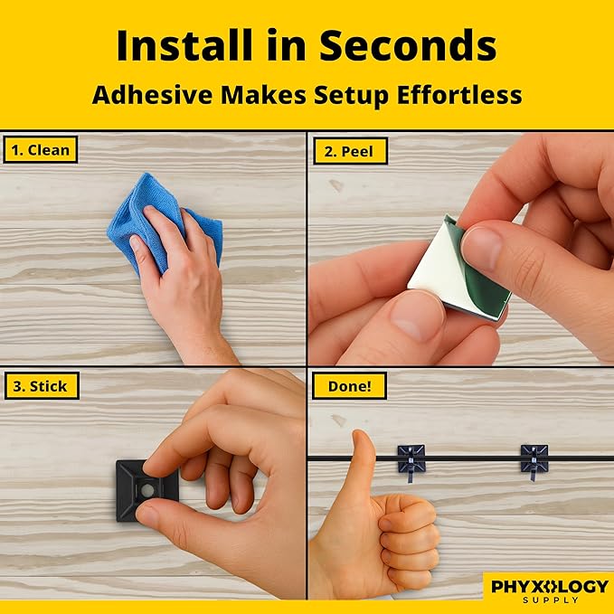 Zip Tie Adhesive-Backed Mounts 100Pk. Professional-Grade, UV Black Cable Tie Bases, 1.1 x 1.1. Screw-Hole Anchor Point Provides Optimal Strength for Long-Term Durability & Use and Clutter-Free Cables.