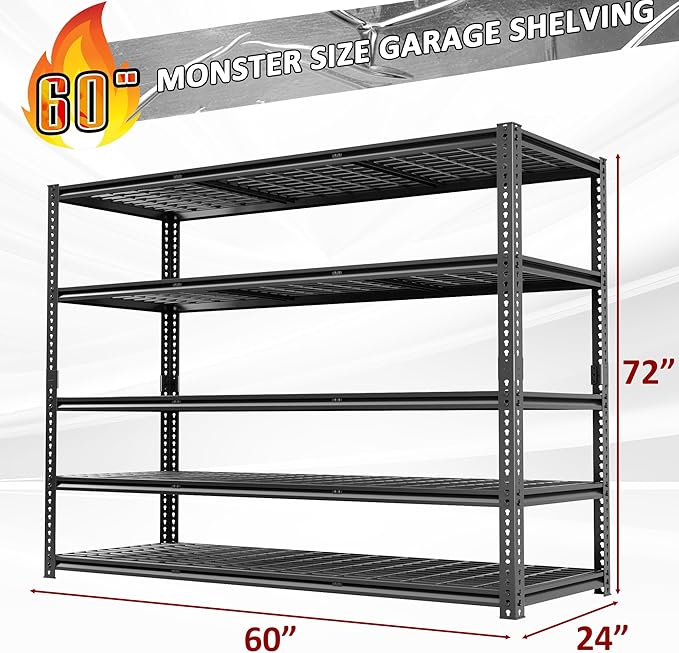 60" W x 24" D x 72" H Garage Shelving Heavy Duty Metal Shelving 3030LBS Storage Shelves Adjustable Metal Shelves for Storage Industrial Garage Shelves for Warehouse Basement