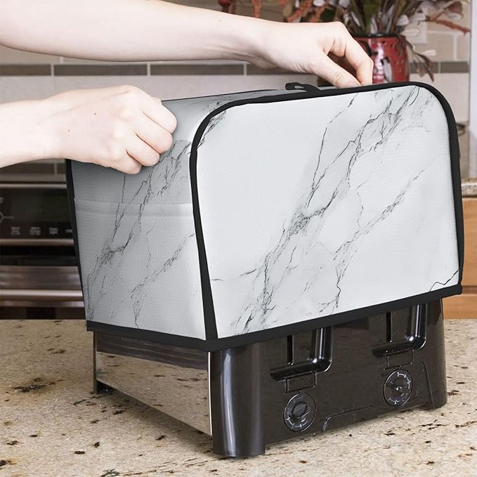 2 Slice Toaster Cover for Kitchen Marble White Gray Waterproof and Dustproof Oxford Fabric Toaster Dust Cover with Side Pockets Decorative Universal Cover for Wide Slot Toasters and Small Appliances