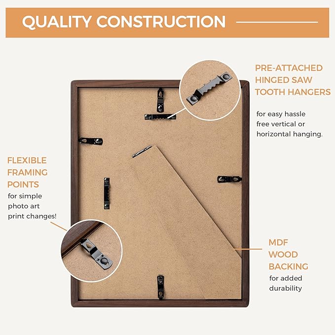 8.5x11 Walnut Picture Frame with Tempered Glass, Solid Walnut Wood Photo Frame with Mat for 6x8, 8.5 by 11 Picture Frame for Diploma, Natural Wooden Picture Frame for Home Decor Wall Mount or Table